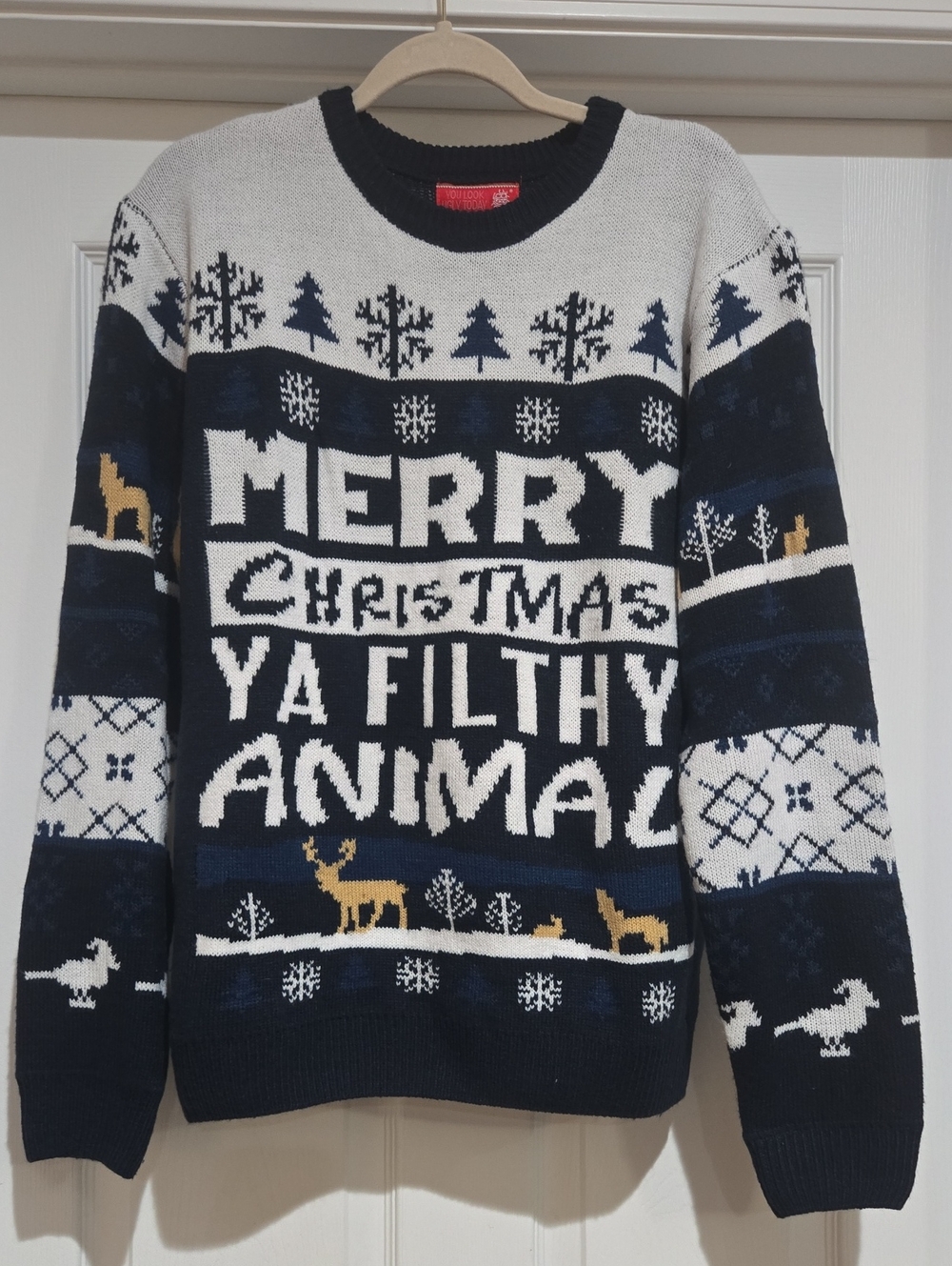 Merry Christmas Ya Filthy Animal Navy & White Holiday Sweater Size L